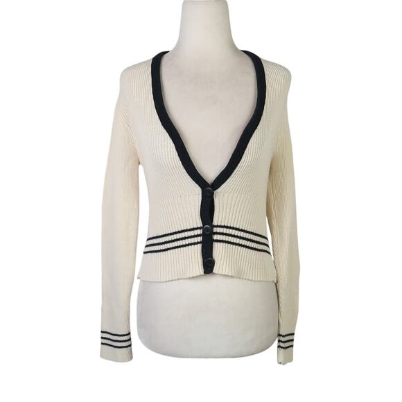 Vintage 90s Objects D'art Cream Black Stripe Crop Cardigan Sweater L - Picture 1 of 6